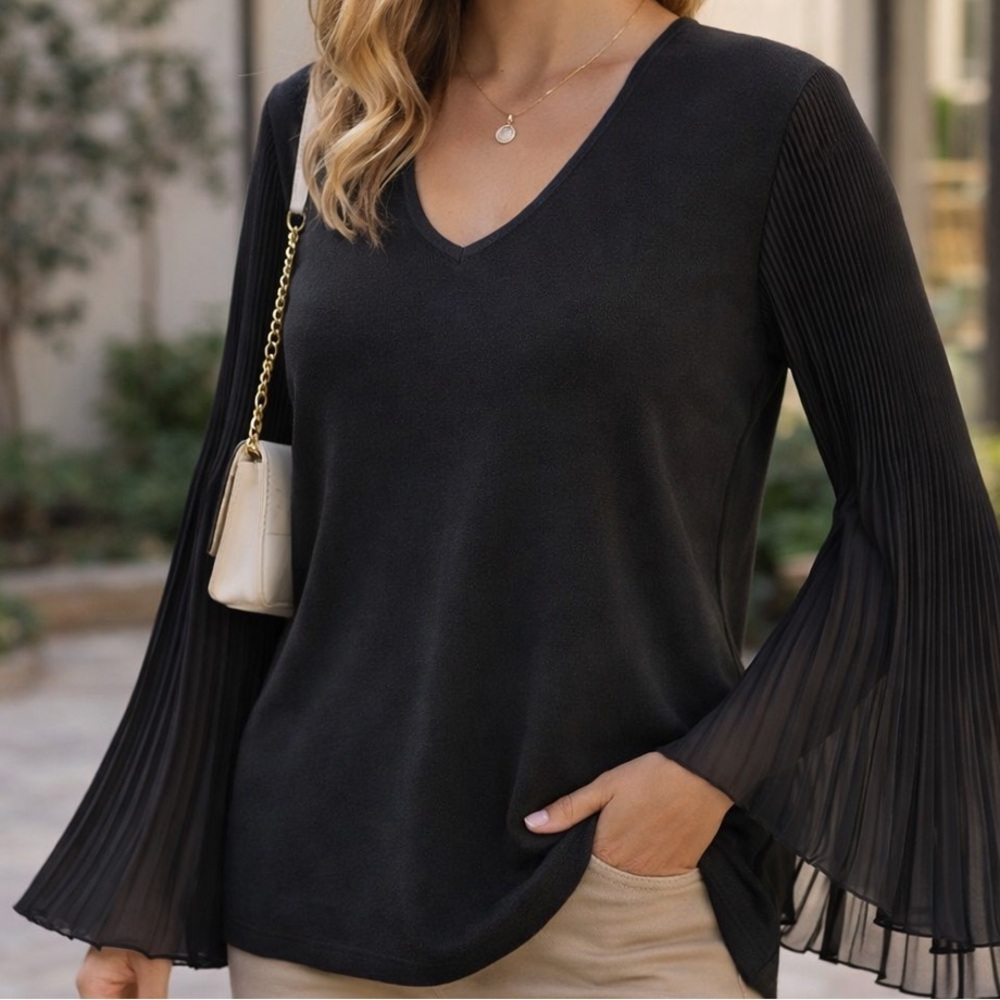 NWT I-N-C International black sweater pleated chiffon bell sleeves 0X/XL $89.50